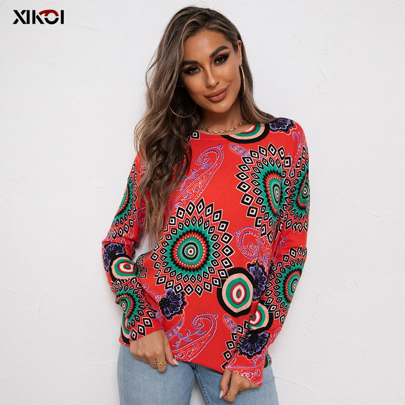 Ladies Autumn Winter Print Knitted Loose Sweater Women Pullover Tops Long Sleeve O Neck Casual Oversized Fashion Streetwear