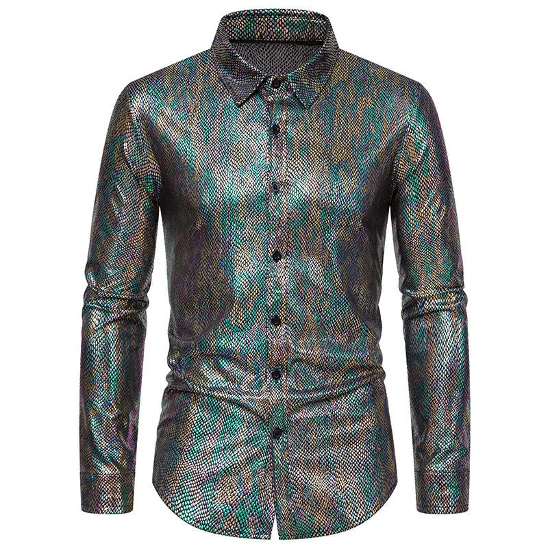 Spring and Summer New Snake Skin Bronzing Printing Performance Clothes Fashion Men's Long-sleeved Shirt