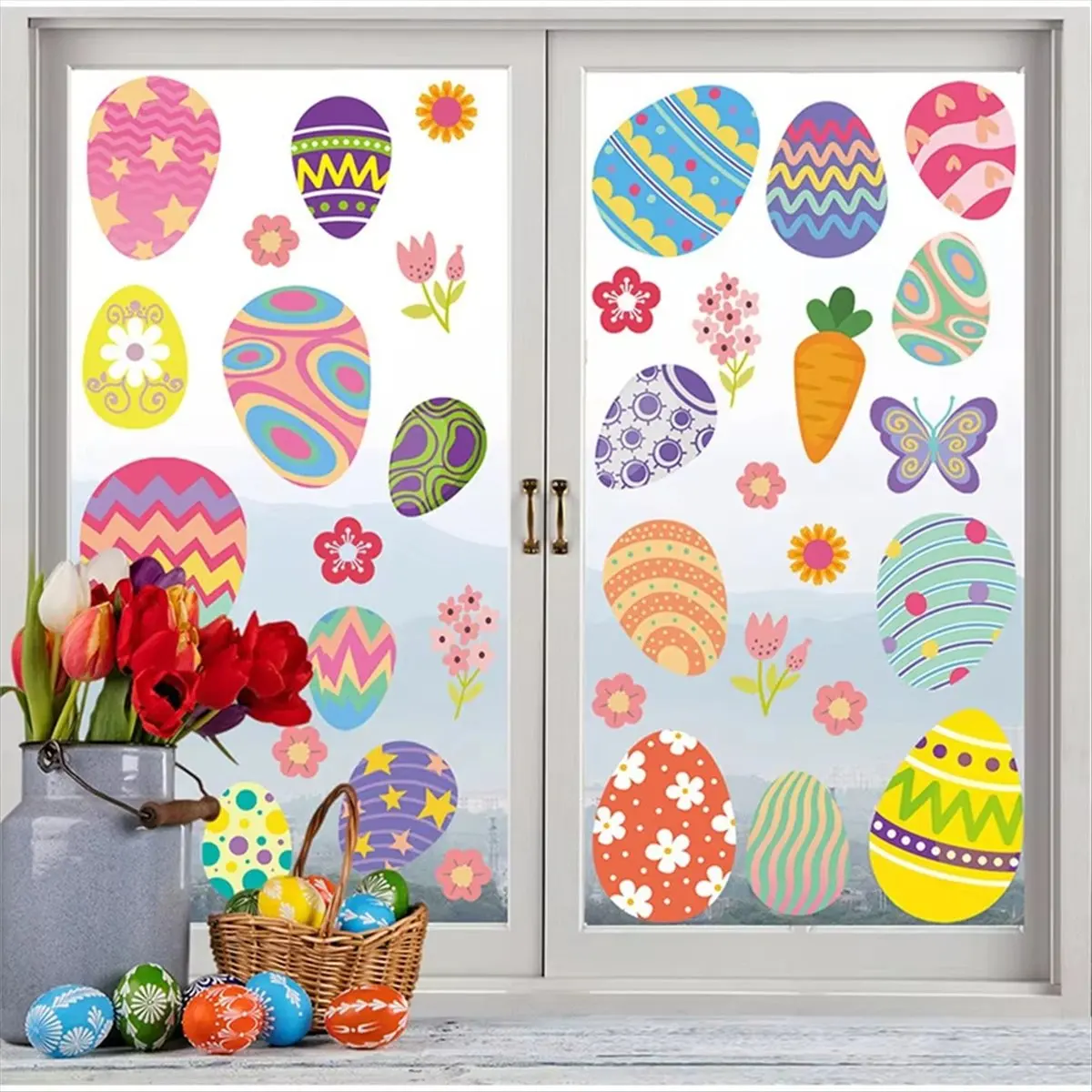 ABJS Easter Colorful Eggs Window Stickers Spring Flowers Butterfly Carrot Static Wall Decals New Showcase Glass Decoration