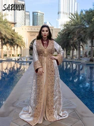 Luxury Beaded A-line Evening Dress Moroccan Takshita V-neck With Belt Arabic Customized Kaftan Crystals Gown Robe De Mariée