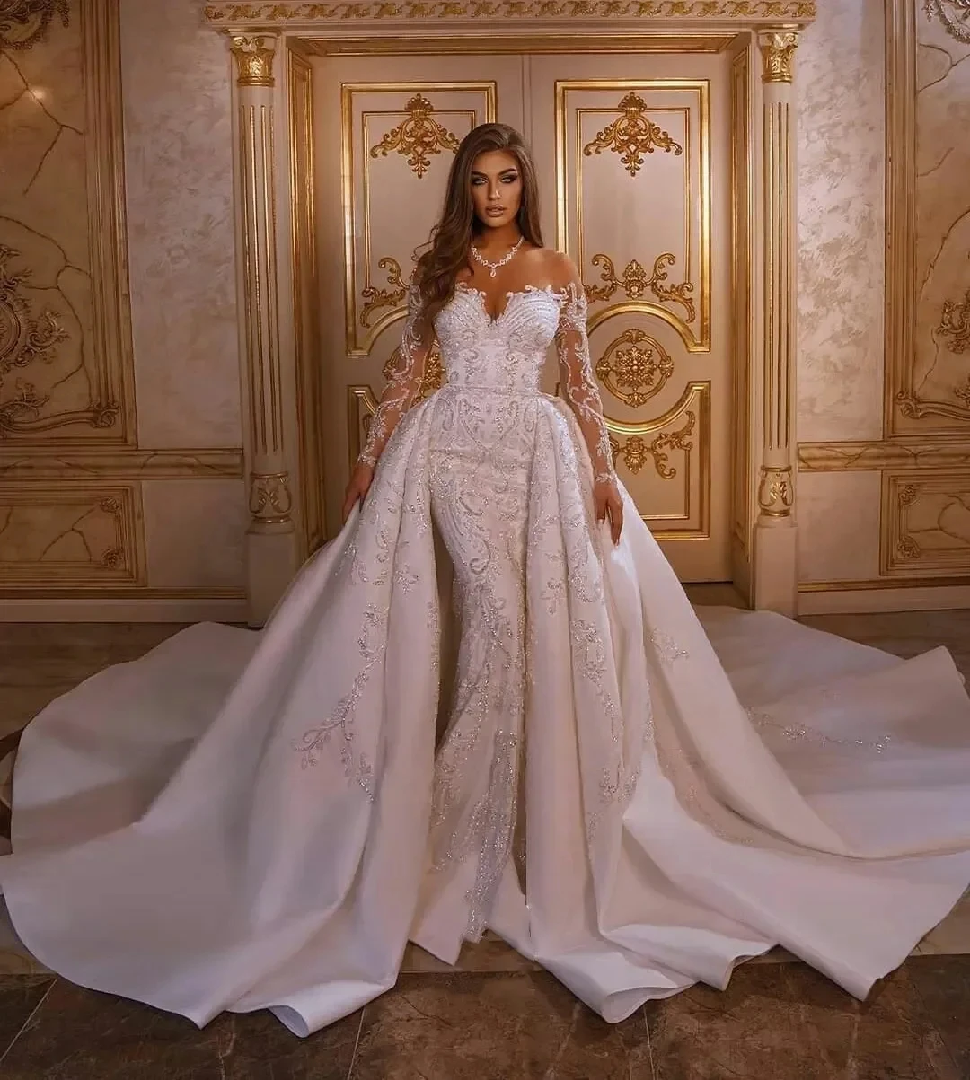 Detachable Dubai Wedding Dresses Black Girls Mermaid Long Sleeves Appliques Saudi Arabia Bridal Gown Vestido De Noiva Customized