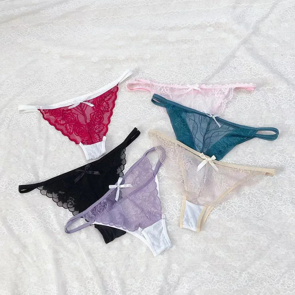 Sexy Thong Women Mesh String Sheer Men Bulge Pouch Bikini Briefs Lace Transparent Underwear Underpants Random Color