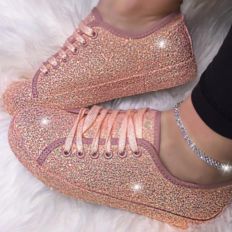 Women Lace Up Sneakers Glitter Autumn Flat Vulcanized Ladies Bling Casual Female Fashion Platform Zapatos De Mujer Shoes tyh78