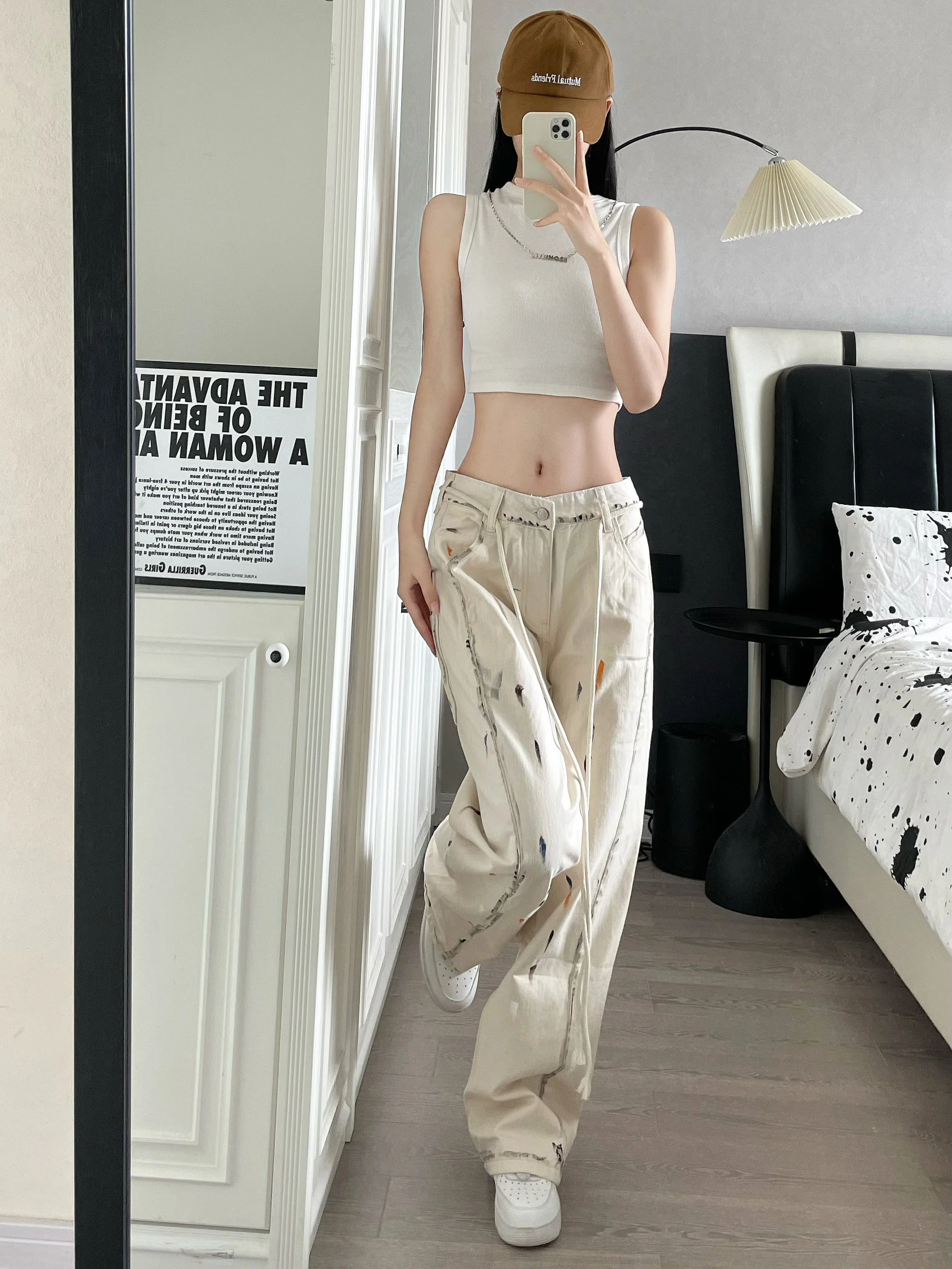 جينز رجالي من American High Street Splaed Ink Apricot بنطال جينز عصري فضفاض مستقيم شبابي غير رسمي من القطن