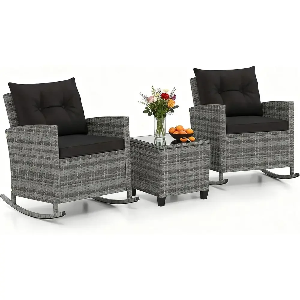 Rattan Wicker Rocking Chair Set with 2 Seats and Cushions, Glass Coffee Table, Outdoor Patio Furniture for Balcony or Porch (Gre