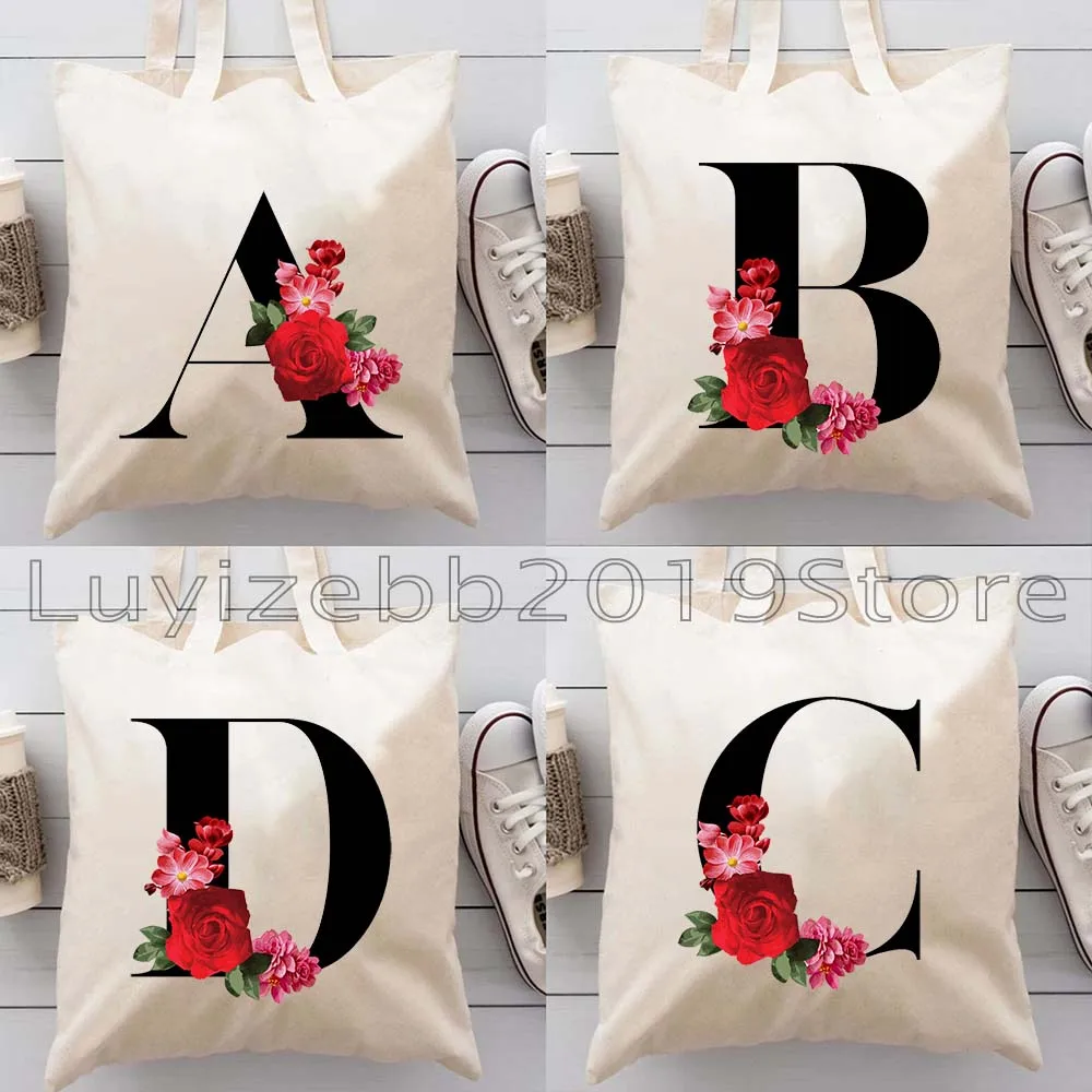 

Black Floral Letter English Alphabet Rose Flowers Initial Letter Gifts Large Capacity Canvas Funny Totes Bags Shoulder Handbag