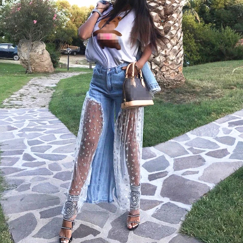 

Women High 2024 Fashion Waist Mesh Patchwork Denim Pants indie Female Vintage Wide Leg Pants Loose Romper Trousers Streetwear