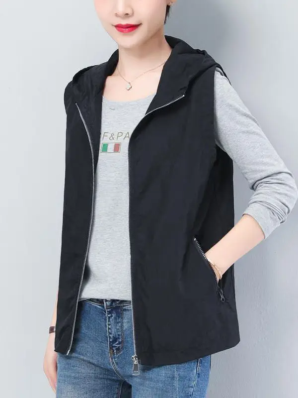 

Slimming plus Size Vest Fashionable Meat Covering Sleeveless Summer Thin Hooded Zipper Jacket Outerwear for plus Size Women