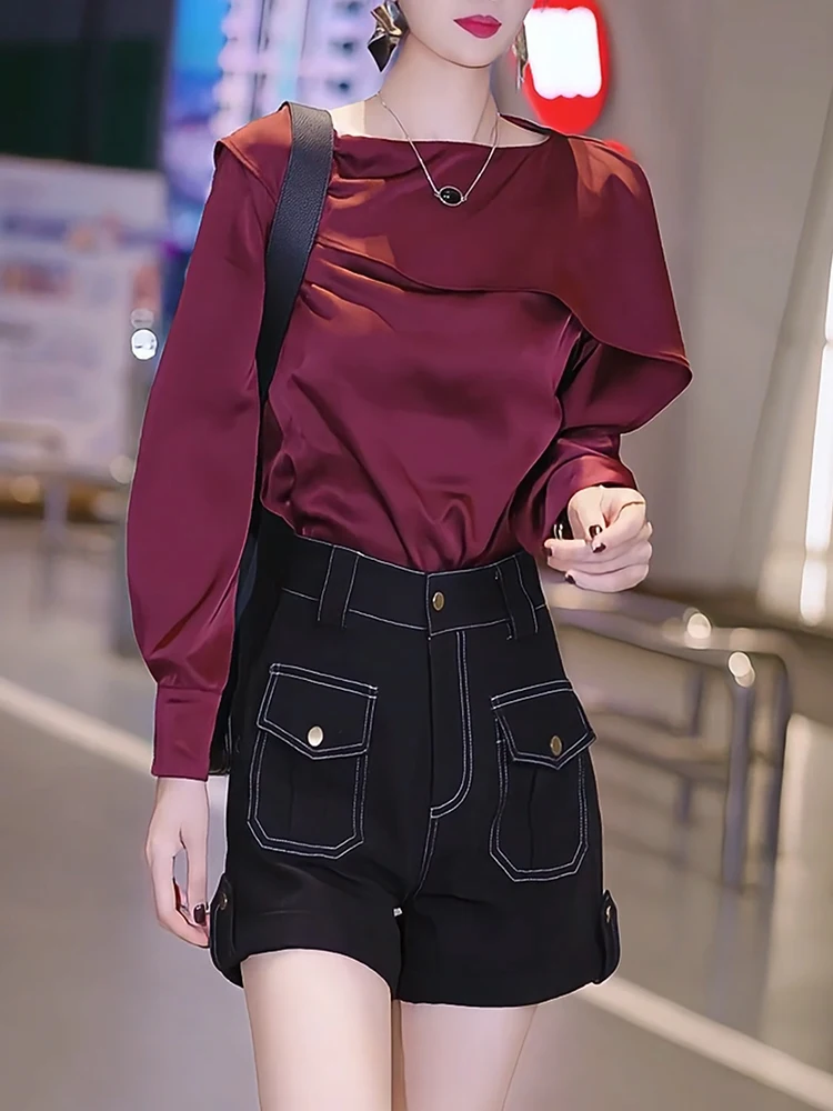 

Faionable Large Size oulder Bared Top with Lace Design Ele Slimming French Sle Women's Top for Autumn Season