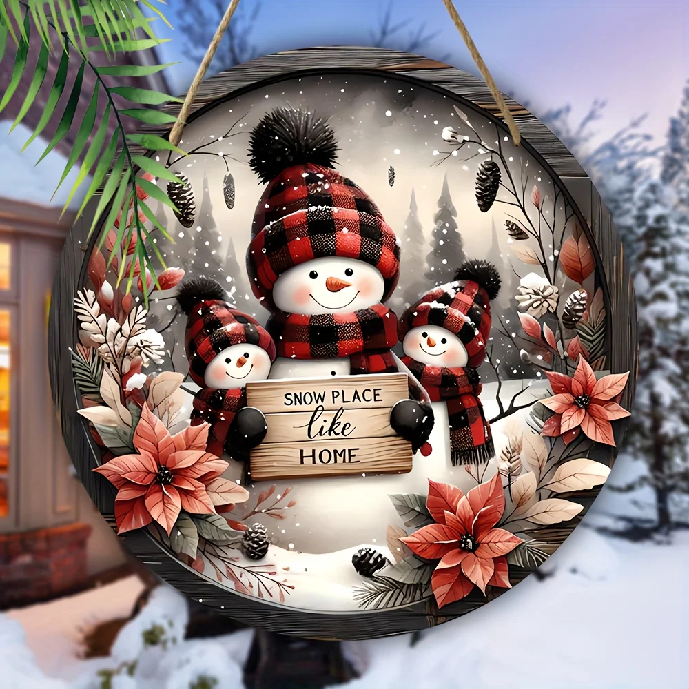 Charming snowman welcome sign -8 inches x 8 inches round wooden Christmas decoration, suitable for home, living room, door