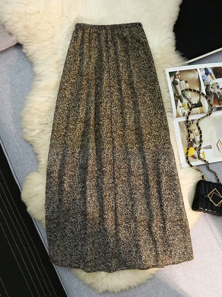 

SMTHMA Elegant Leopard Print Women's A-line Skirts 2025 New Summer Elegant High Waist Casual Midi Skater Skirt Female Clothing
