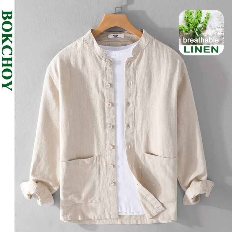 2024 Spring Autumn New Simple Casual Long Sleeve Shirts for Men Clothing Cotton and Linen Stand Collar Soft Streetwear FY9905