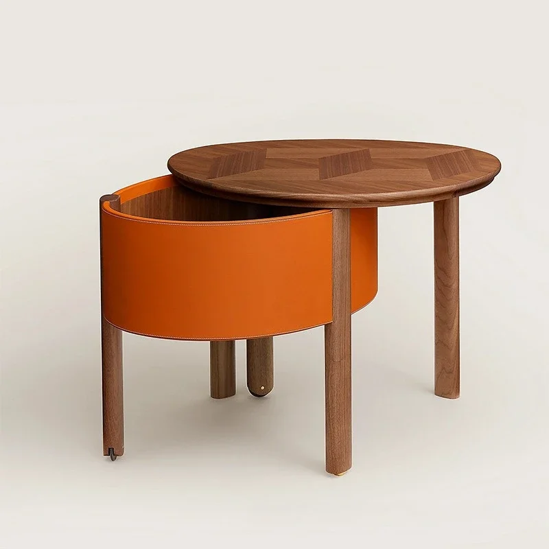 خشب الجوز الصلب الإيطالي البسيط من خشب الجوز، تخزين دوار من الجلد، e dge ta ble، قهوة تا ble