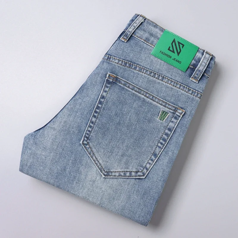 

2025 Spring New Men's Jeans Light Blue Slim Fit Stretch Straight Fashion Korean Denim Pants Brand Daily Casual Trousers