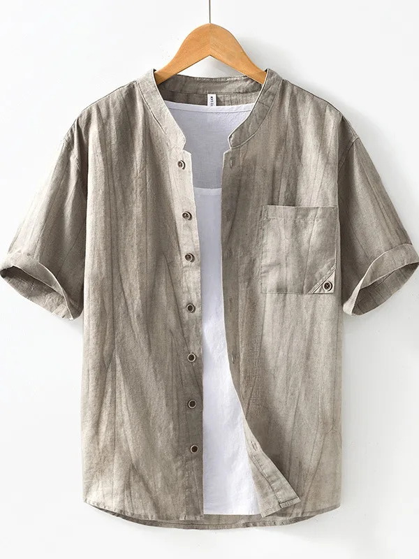 

Washed Dyed Short Sleeve Men's Shirt Summer Thin Breathable Linen Casual Style Stand Collar Simple Fashion Urban Loose Fit Shirt