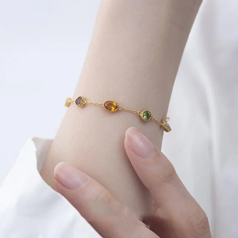 

Vintage Multi gem Colored Bracelet for Women Light Luxury High Quality Heart Moon Square Adjustable Bangles Fashion Jewelry