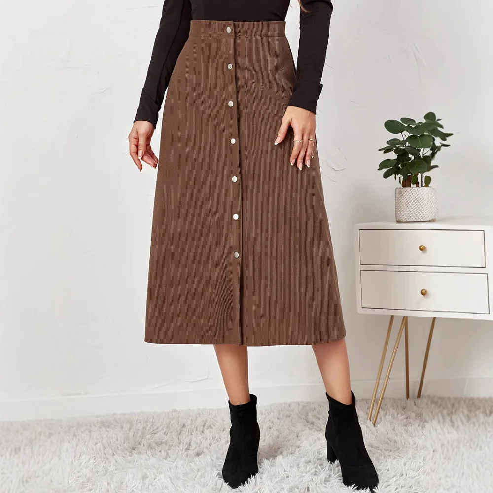 Fashion High Waist Corduroy Skirt For Women Autumn Winter Single-Breasted Long Skirt Streetwear A- Line Solid Color Midi Skirts