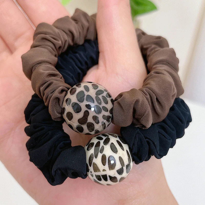 High Elastic Durable Leopard Print Elegant Pearl Head Rope No Harm To Hair Wrinkles Hair Loops Satin Intestine Hair Loop