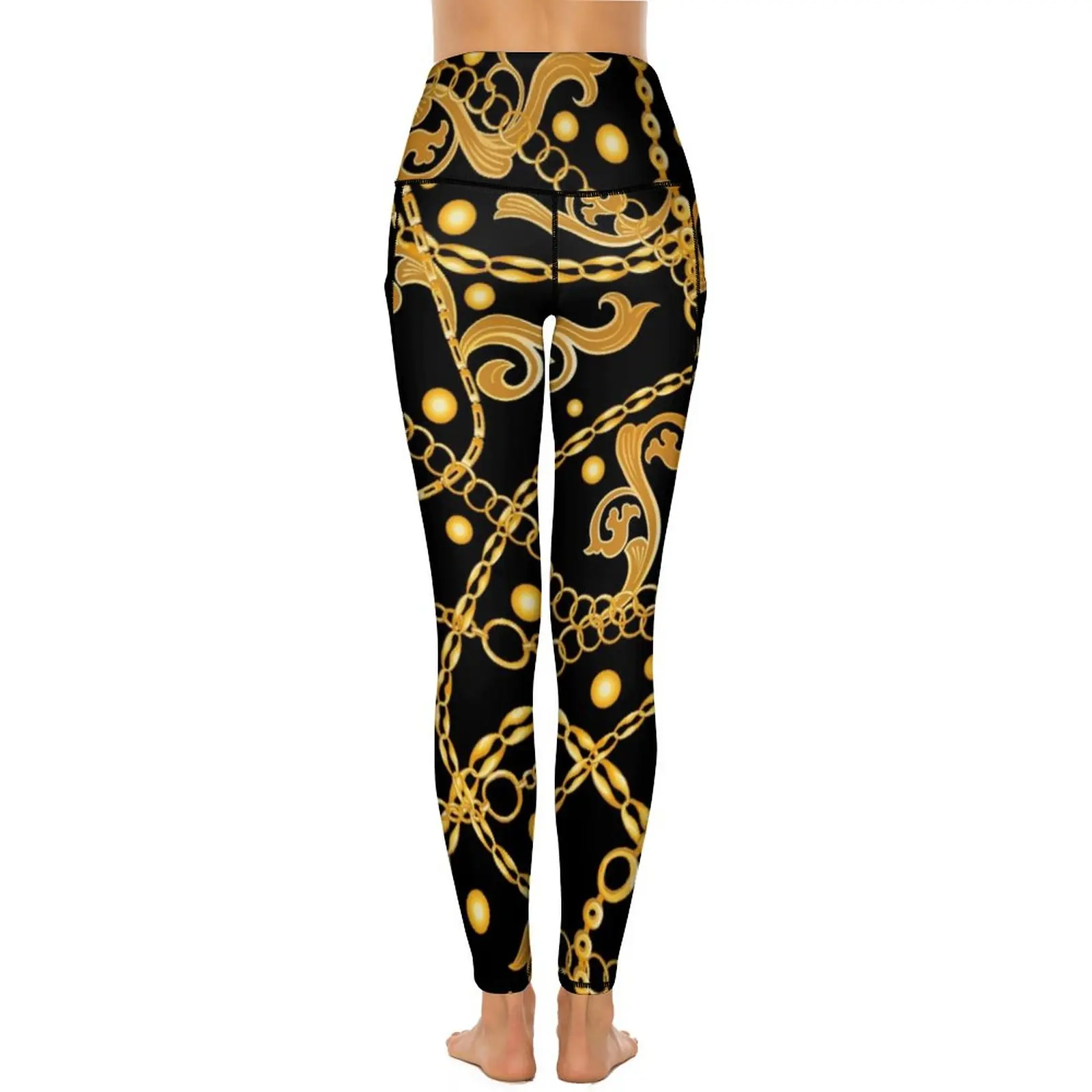 Gold Chains Leggings Sexy Retro Baroque Print Push Up Yoga Pants Casual Stretchy Leggins With Pockets Graphic Gym Sport Legging