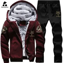 2024 New Winter Thick Men Sports Suit Tracksuit Hooded Sportswear Zipper Cardigan Hooded Woolen Trousers Pants Casual Men Set