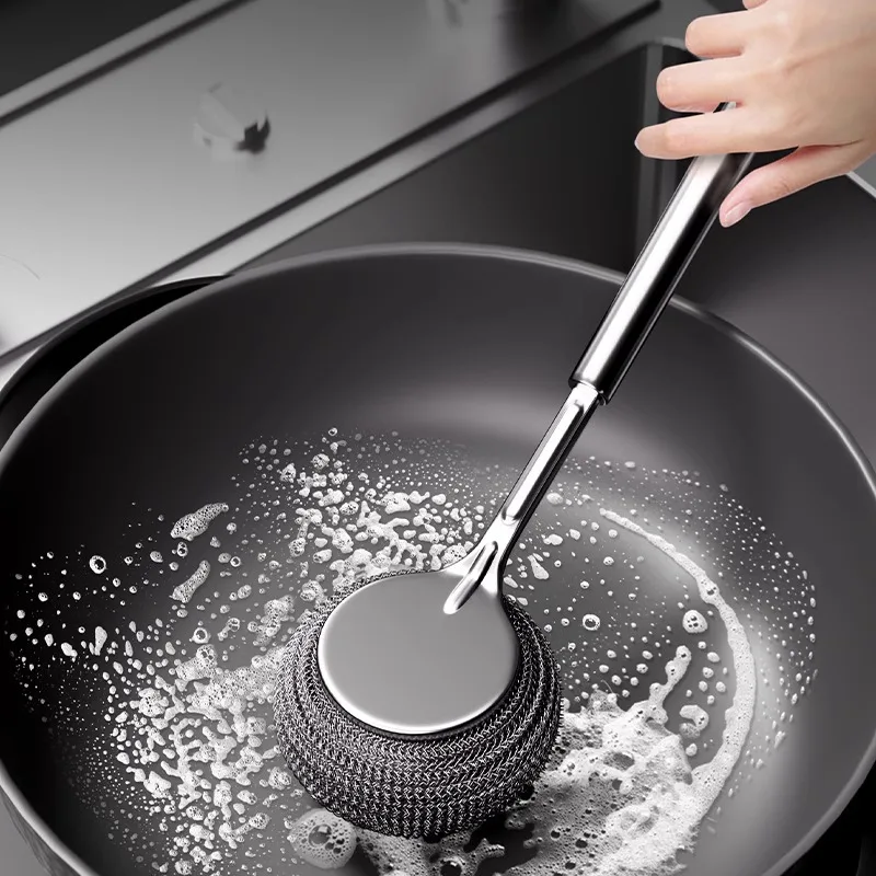 

Stainless steel pot brush for kitchen pot washing steel ball brush Long handle dish cleaning brush pot cleaning tool