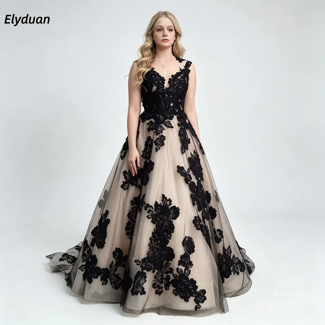 Romantic Champagne Black Lace Wedding Dress Deep V Neck Sleeveless Floral Applique Tulle A Line Bridal Gown Customized