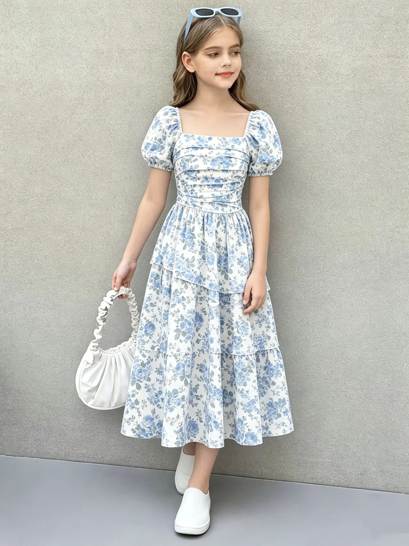 Mädchenkleid mit Blumenmuster, lässiger quadratischer Ausschnitt, kurze Ärmel, tailliert, mittellanger Rock, bequeme Kinderkleidung – Detail 5