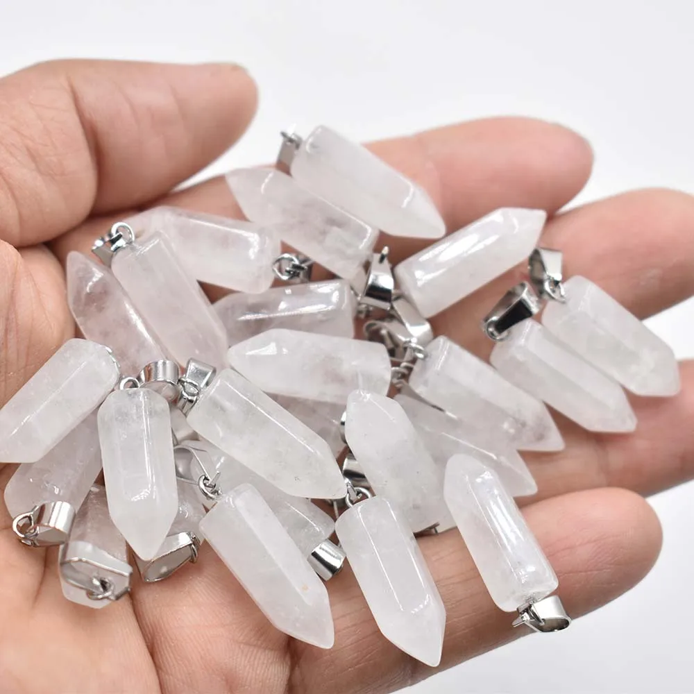 Colgantes de piedra natural de cristal blanco, accesorio con forma de Pilar hexagonal, de alta calidad, venta al por mayor, 2022, 24 unids/lote