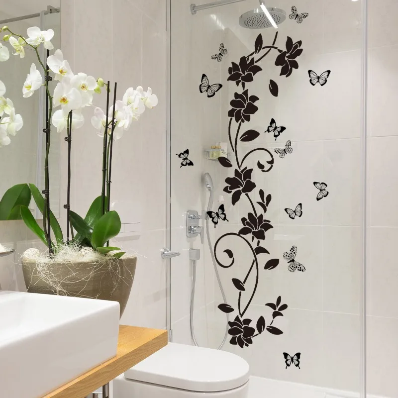 90*30CM Black Floral Butterfly Wall Sticker For Bathroom Door Sticker Bathtub Bedroom Background Self-Adhesive