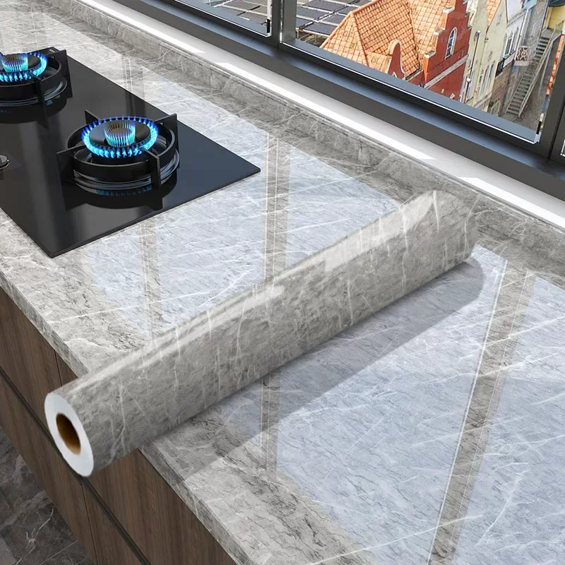 Oil-Proof Marble-Pattern Wall Sticker Waterproof Stain-Resistant PVC Decorative Film Suitable For Kitchen Stovetop Countertop.