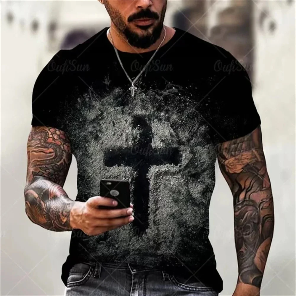 

Gothic Jesus Christ Cross 3D Print O-Neck Tops Vintage Hip Hop Short Sleeve Men Clothing Christian T Shirts Oversized Tee Shirt