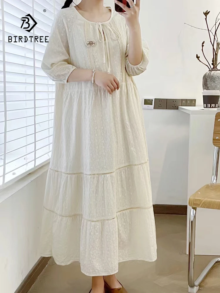 

New 2025 Summer Cotton Half Sleeve Dresses, Women O Neck Embroidery Lace-up, Mori Girl Sweet Casual Loose Doll Dress D56057CC