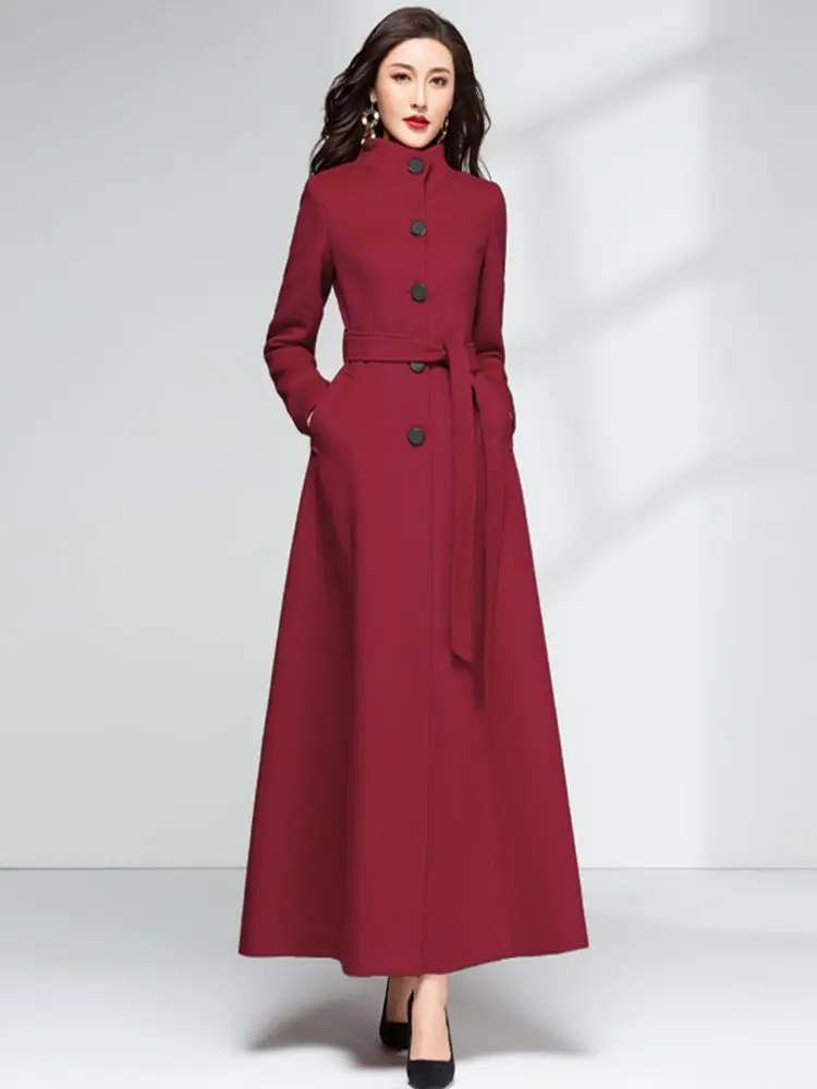 New Women Woolen Coat Autumn Winter Elegant Fashion Stand Collar Thicken Warm Overlength Wool Blends Outerwear Slim Overcoat