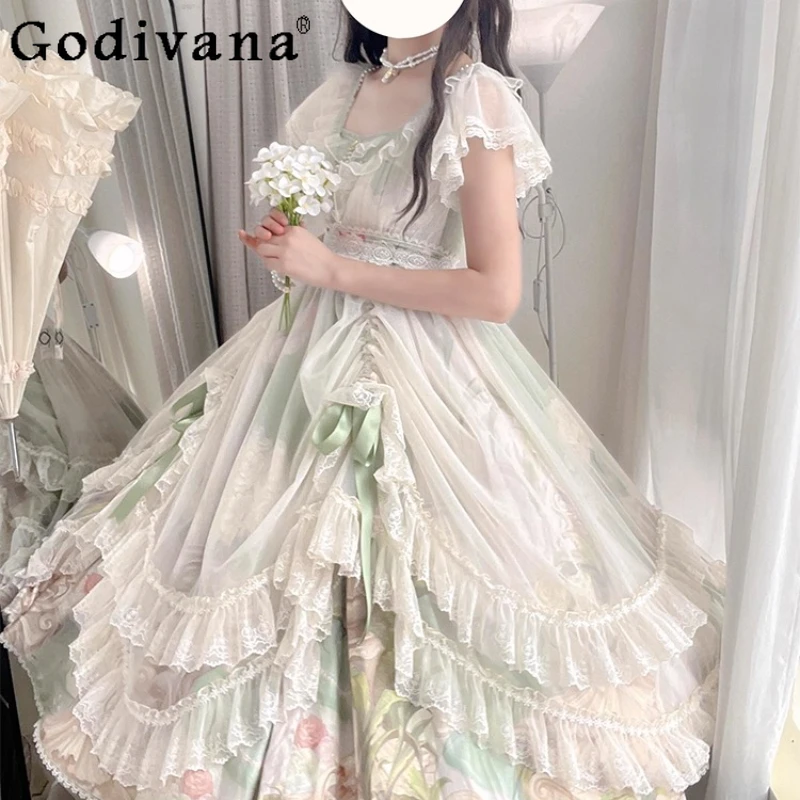 

Green Fairy Princess Dress for Women Japanese Style Sweet Large Hem Dress Female Lolita Birthday Adult New Style Dress
