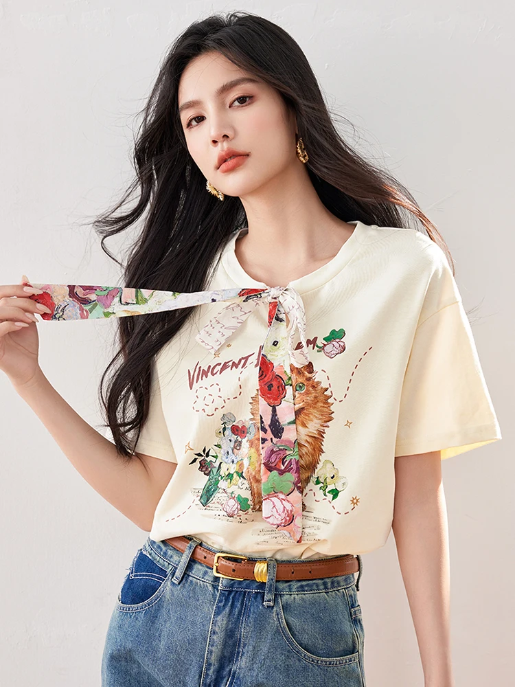 Chic Design Sense Short Sleeved T-shirt Women Summer Fashion Casual Loose Tops 2024 New Cat Printed T-shirt