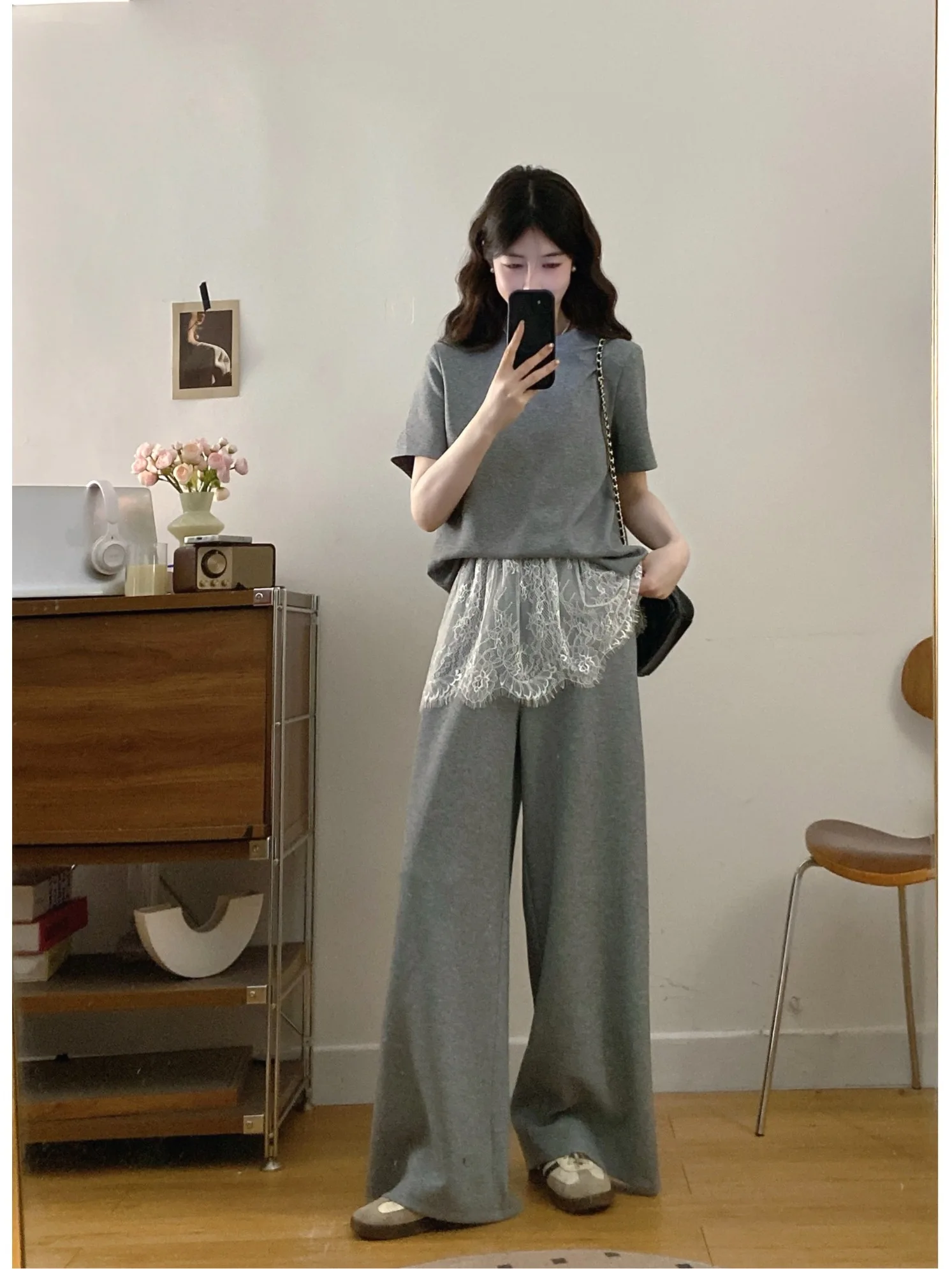 

plus Size Casual Lace Short Sleeve Pure Color Versatile Set High Waist Wide Leg Pants Summer New Style Fashionable Ensemble