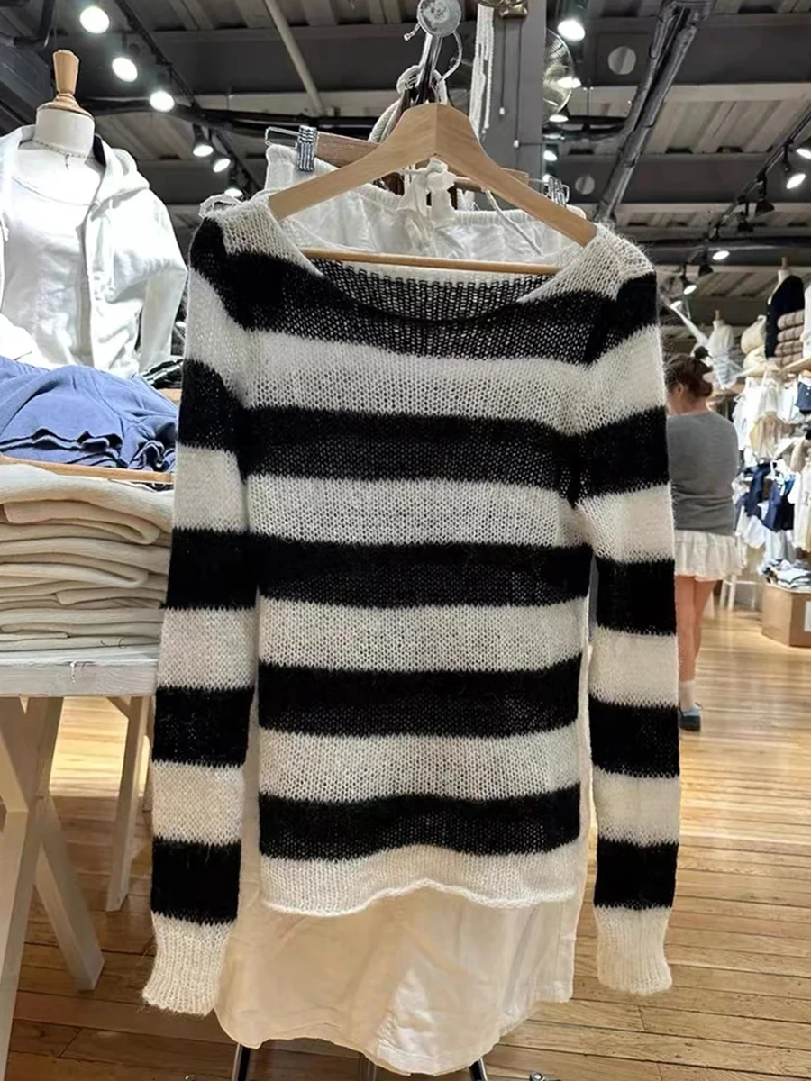 

Fashion Mohair Knit Striped Long Sleeve Tees Women Spring Hollow Out Sexy Slash Neck Smock Tops Vintage Simple Streetwear Jumper