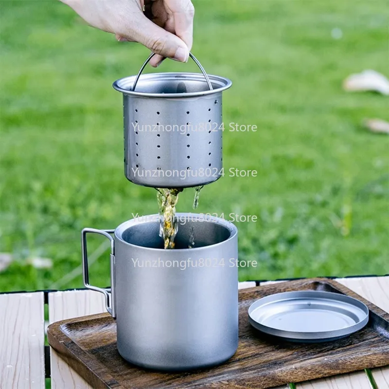 Portable Double-layer Anti-scalding Titanium Cup Travel Tea Set with Filter, Suitable for Outdoor Camping