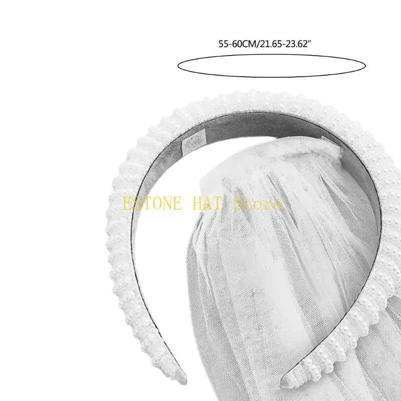 49MF Elegant Full Pearls Headband Princess Headpieces Pageant Prom Party Wedding Veil Bride to Be Short Tulle