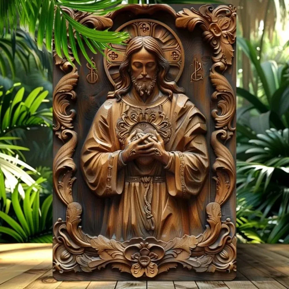 HDWoodImitate 1 Stück 2D flaches Aluminiumschild – HD-Druck Saint Statue, Nachahmung Holzschnitzerei Wohnzimmer/Club Dekor
