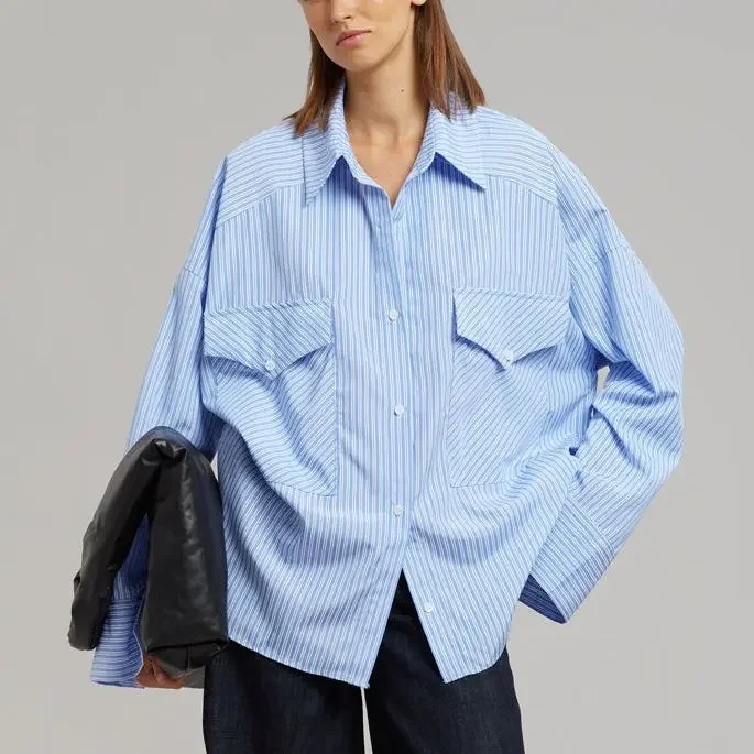 

Lady Single-breasted Shirt with Double Large Pockets Office Wear Tops Women Cotton Striped Loose Shirt Turn-down Collar