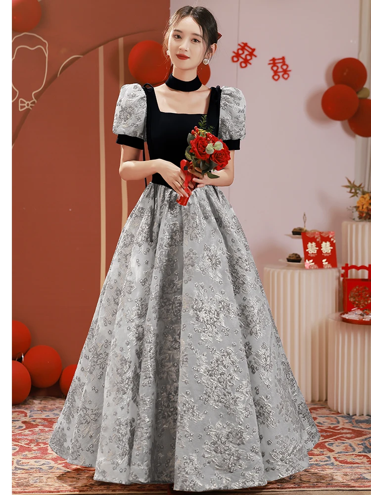 فساتين حفلة موسيقية أنيقة بأكمام منتفخة الأميرة الجاكار بياقة مربعة مرقعة على شكل حرف a طول الأرض فساتين المشاهير والزفاف المسائية