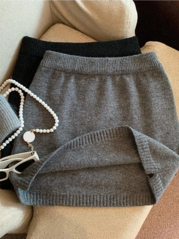 

ay Thiened Knitted A-Line Skirt Women's Autumn Winter High Waist ort Skirt Retro Sle Cotton Elastic Waist Skirt