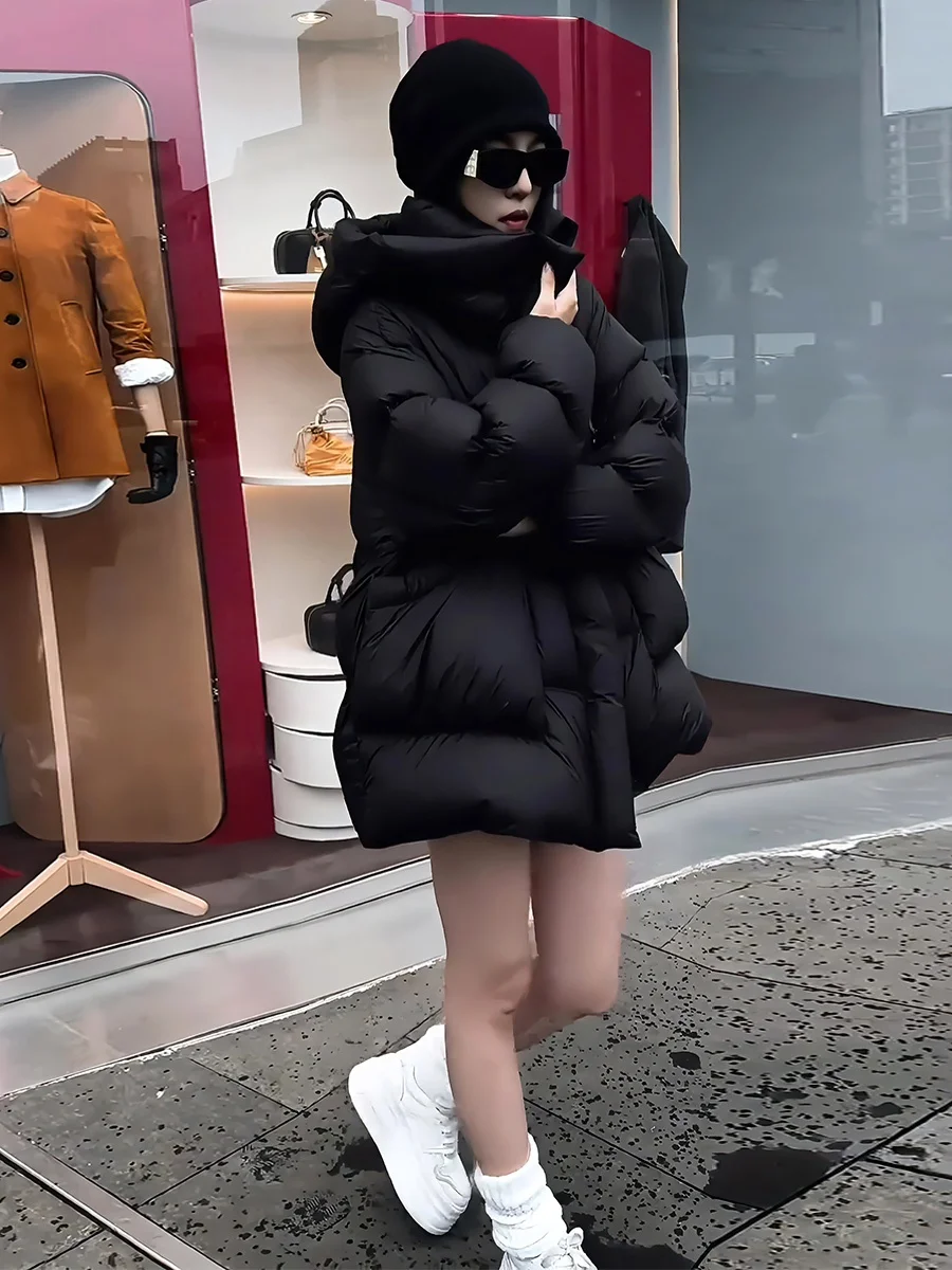 Damska biała kurtka puchowa Thiened, zimowa, z kapturem, ciepła, elegancka, o regularnej długości, bez marki.