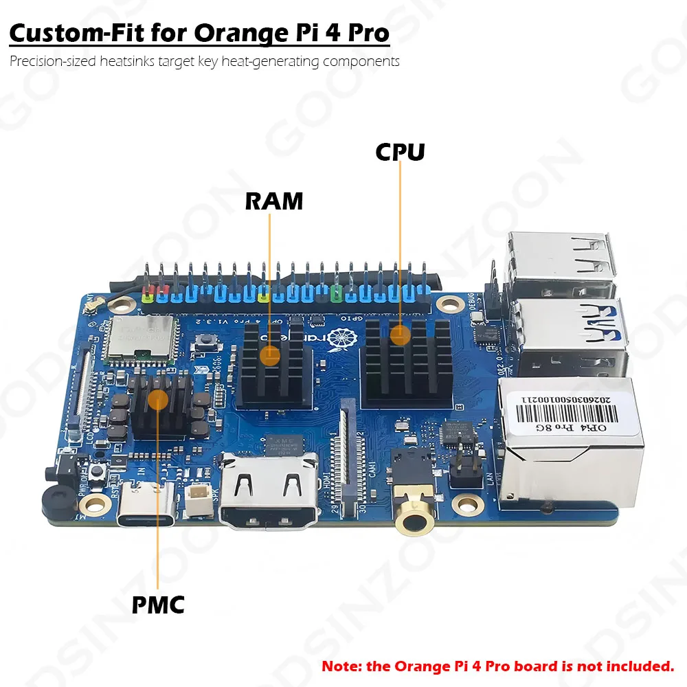 Orange Pi 4 Pro Heatsink Kit – 3-Piece Aluminum Cooler Set with Thermal Pads for Orange Pi 4 Pro (Not Included)