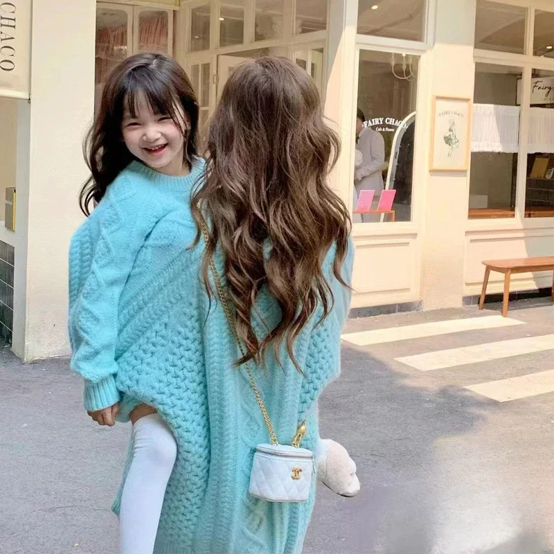 Mommy and Me Long Sweater for Mom and Daughter Blue Knitted Top Women Fashion Winter Sweater Baby Girl Boy Pullover Knit Jumpers