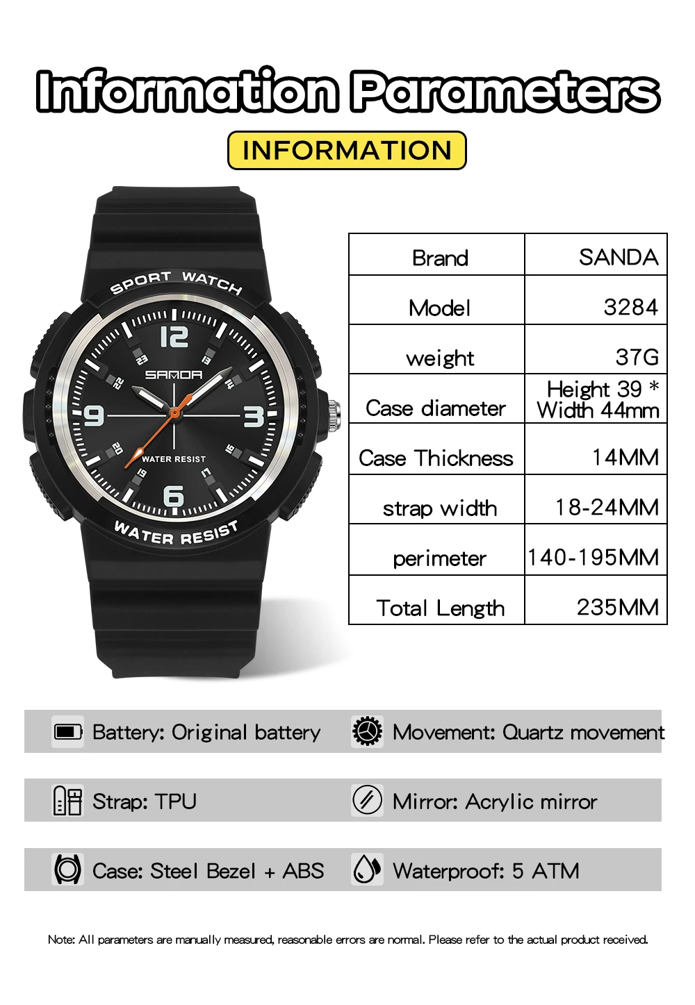 SANDA SD3284 Fashion Student Quartz Watch Simple Waterproof Silicone Strap Night Light Male and Quartz Watch ﻿