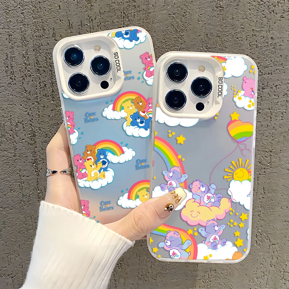 Cute Cartoon Care Bears Phone Case For iPhone 16 15 14 13 12 11 Pro Max X XR XSMAX 8 7 Plus Candy Matte Shockproof Back Cover