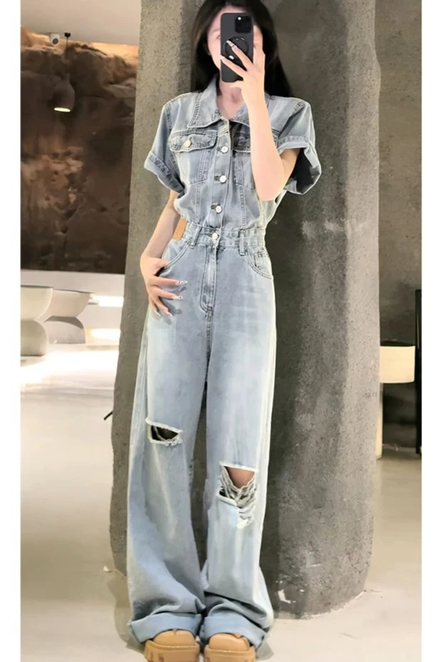 Summer New Women's Denim Jumpsuit Commuting High Street Slim Fit Jumpsuit