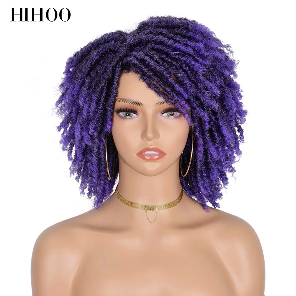 Short Dreadlock Hair Curly Wig With Bangs For Black Women Synthetic Faux Locs Wigs Ombre Crochet Twist Hair Wigs Purple Hihoo